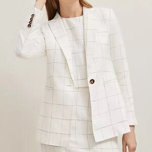 Ann Taylor The Fitted One Button Blazer in Windowpane Linen Blend Women's Size 4